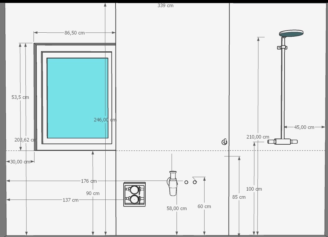 Schemat techniczny łazienki z wymiarami. Widoczne okno, umywalka, bateria, prysznic. Rysunek w szarościach, z niebieskim wypełnieniem okna.