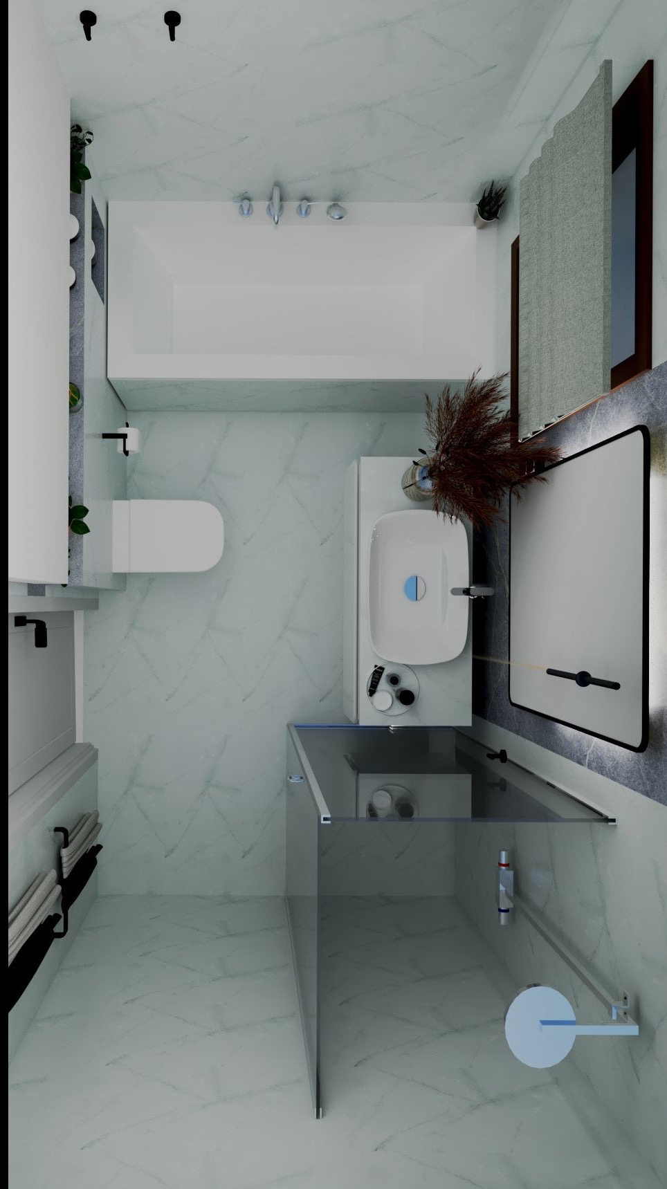 Jasna łazienka z wanną, umywalką i kabiną prysznicową. Minimalistyczny wystrój z roślinami. Widok z góry ukazuje marmurowe płytki i nowoczesne oświetlenie.