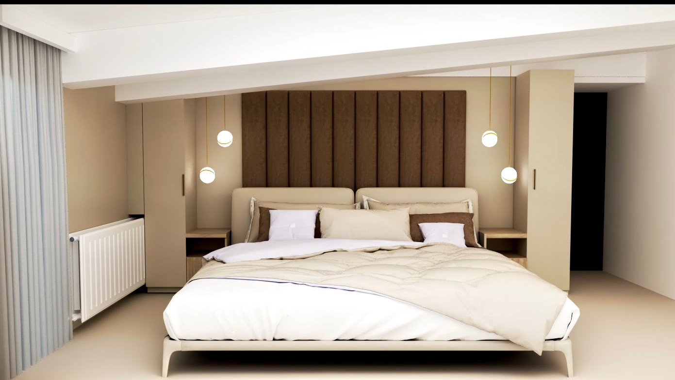 Nowoczesna sypialnia z brązowym zagłówkiem i kulistymi lampami wiszącymi. Beżowe szafki nocne i biała pościel tworzą spójną całość. Widoczny grzejnik i zasłony.
