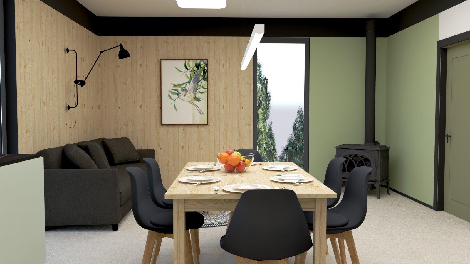 Nowoczesna aranżacja wnętrza jadalni z drewnianym stołem, czarnymi krzesłami i kominkiem. Naturalne światło wpadające przez okno. Minimalistyczny design.