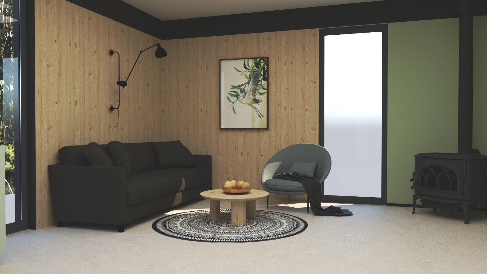 Wizualizacja salonu z drewnianą boazerią, szarą sofą, okrągłym stolikiem i piecem. Na ścianie obraz z motywem roślinnym, a obok lampa ścienna.