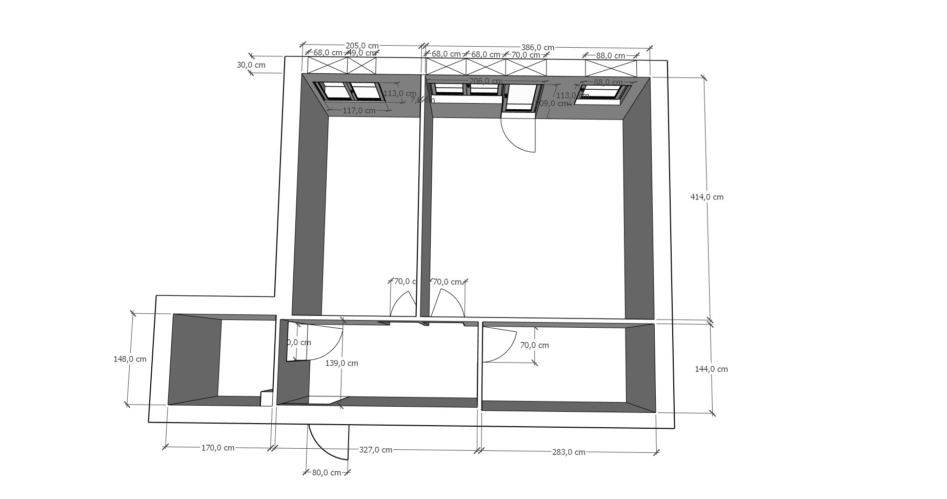 Rzut 3D mieszkania z wymiarami, widok z góry. Plan architektoniczny z oknami dachowymi, prezentujący układ pomieszczeń i ich metraż. Wizualizacja projektu wnętrza.