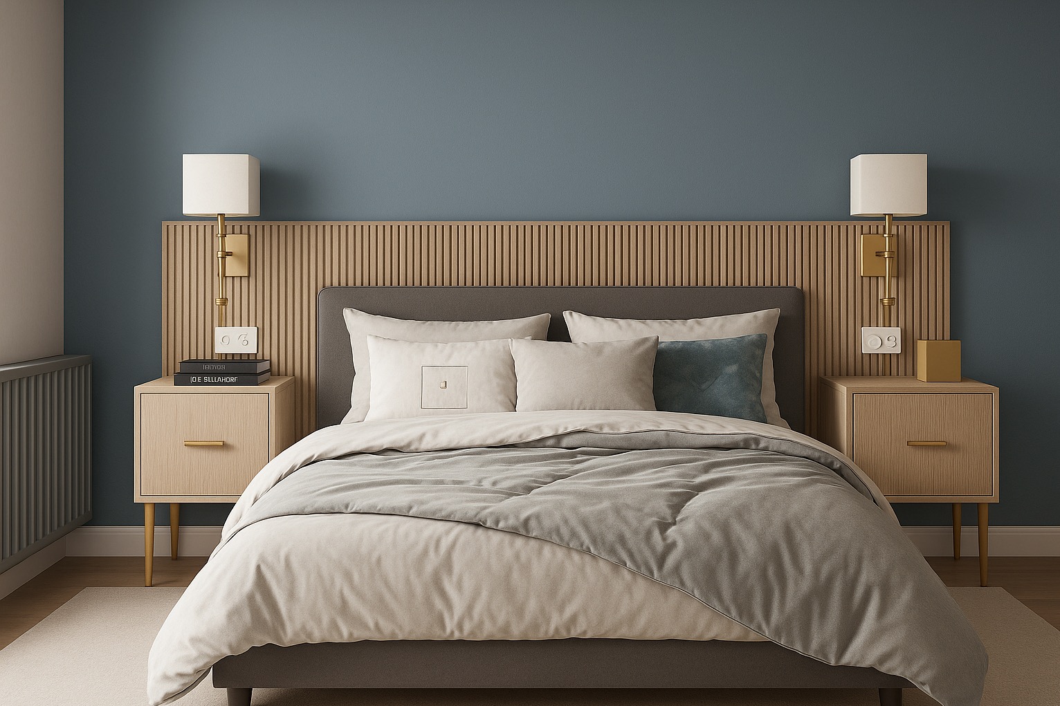 Nowoczesna sypialnia w odcieniach beżu i błękitu. Drewniane panele za łóżkiem, minimalistyczne lampki nocne i stoliki. Stonowana kolorystyka, przytulne tekstylia.