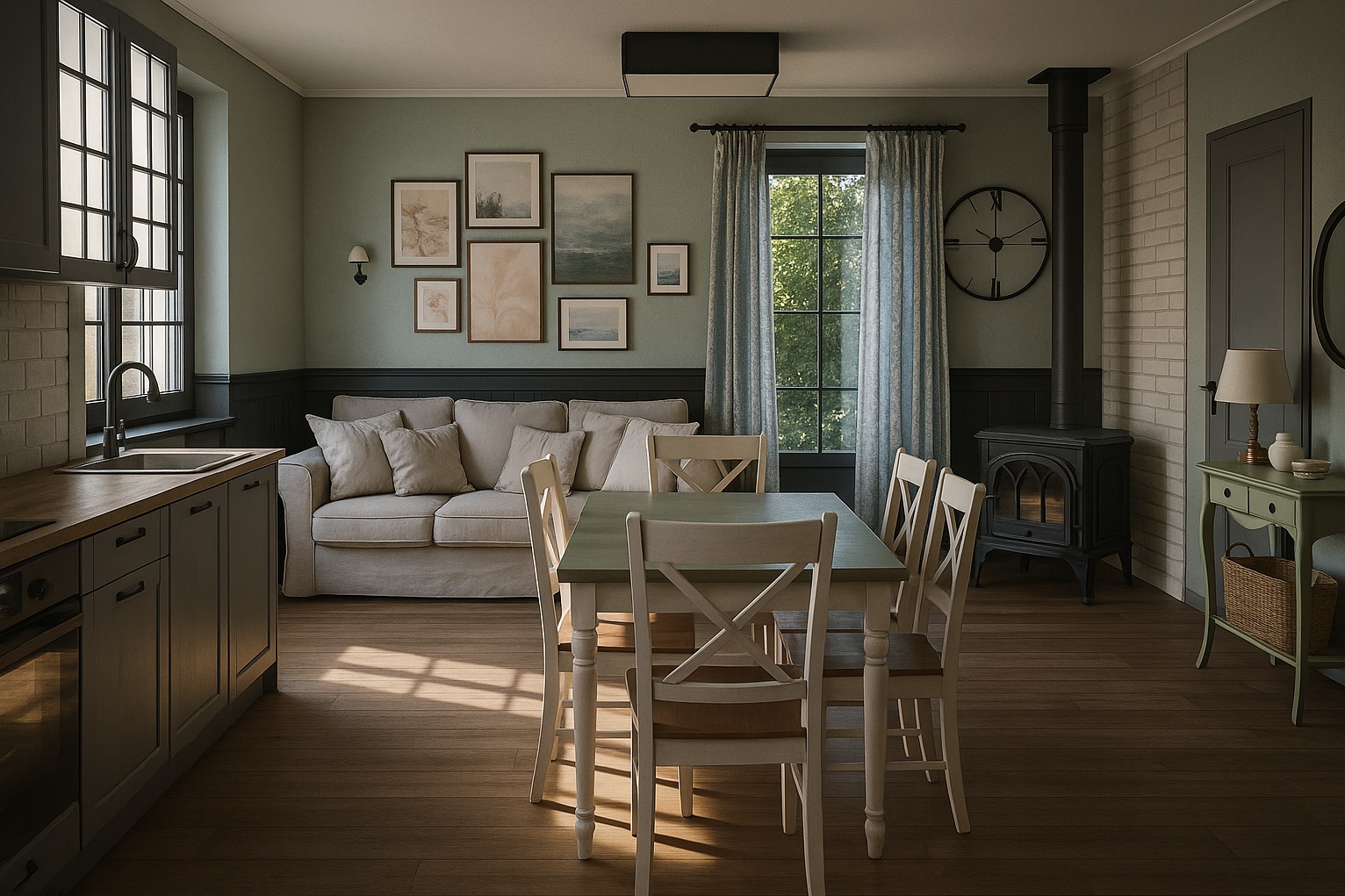 Neutralna aranżacja wnętrza: kuchnia z drewnianym blatem, stół z krzesłami, sofa z poduszkami, kominek i dekoracje ścienne w stonowanej kolorystyce.
