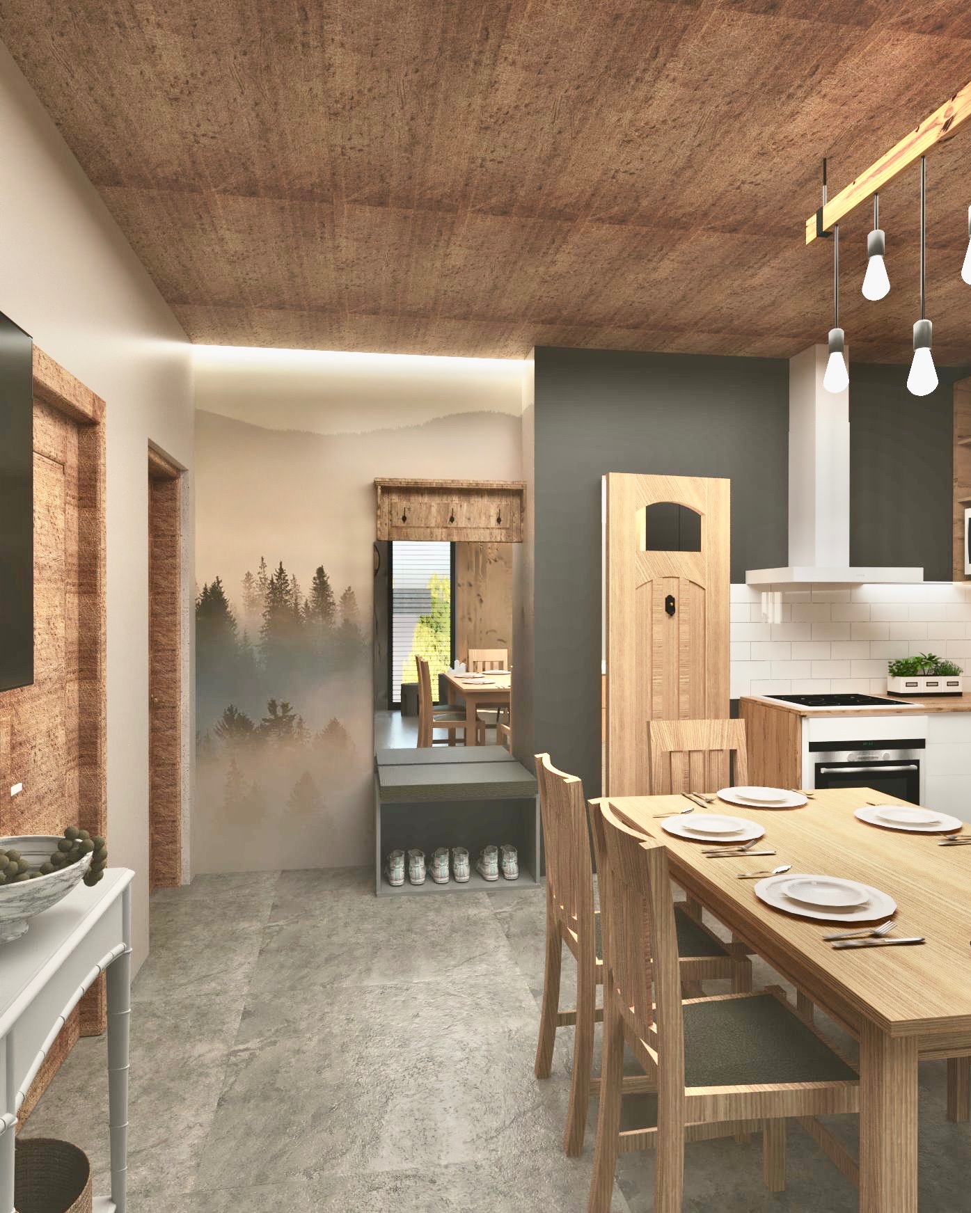 Wizualizacja wnętrza: jadalnia z drewnianym stołem i krzesłami, kuchnia w tle, fototapeta z motywem lasu, sufit wykończony korkiem. Styl rustykalny, ciepłe oświetlenie.