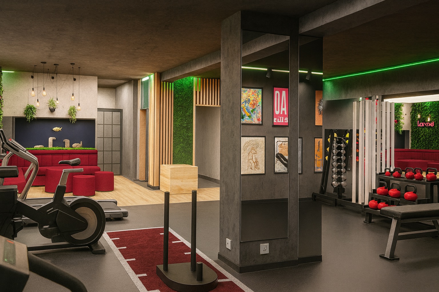 Nowoczesna siłownia z zielonymi akcentami: bieżnia, sztuczna trawa, ciężary, grafiki na ścianie i neon. Ciemne kolory i oświetlenie LED tworzą stylową przestrzeń.