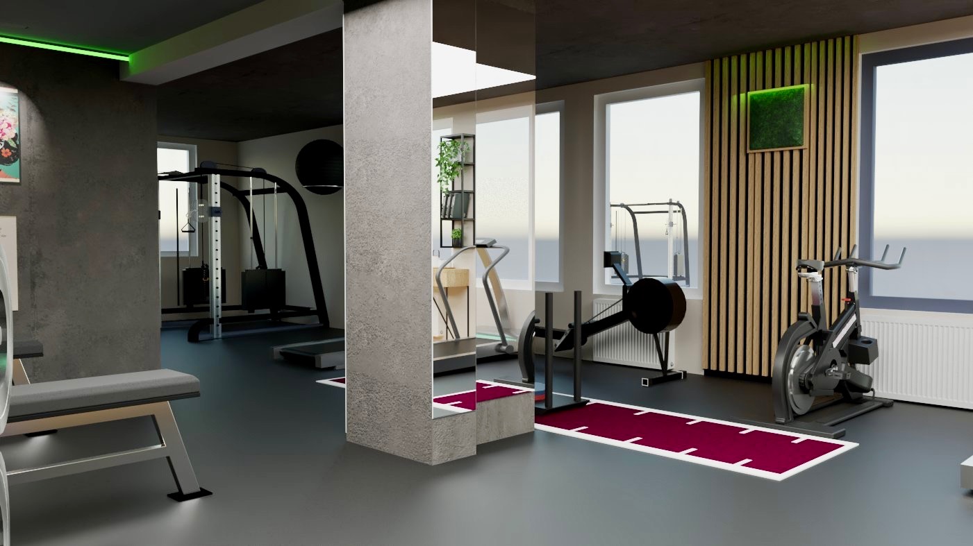 Nowoczesna siłownia domowa z różnorodnym sprzętem fitness: bieżnia, rower stacjonarny, atlas. Minimalistyczny design, szara kolorystyka, drewniane panele ścienne i zielone akcenty.