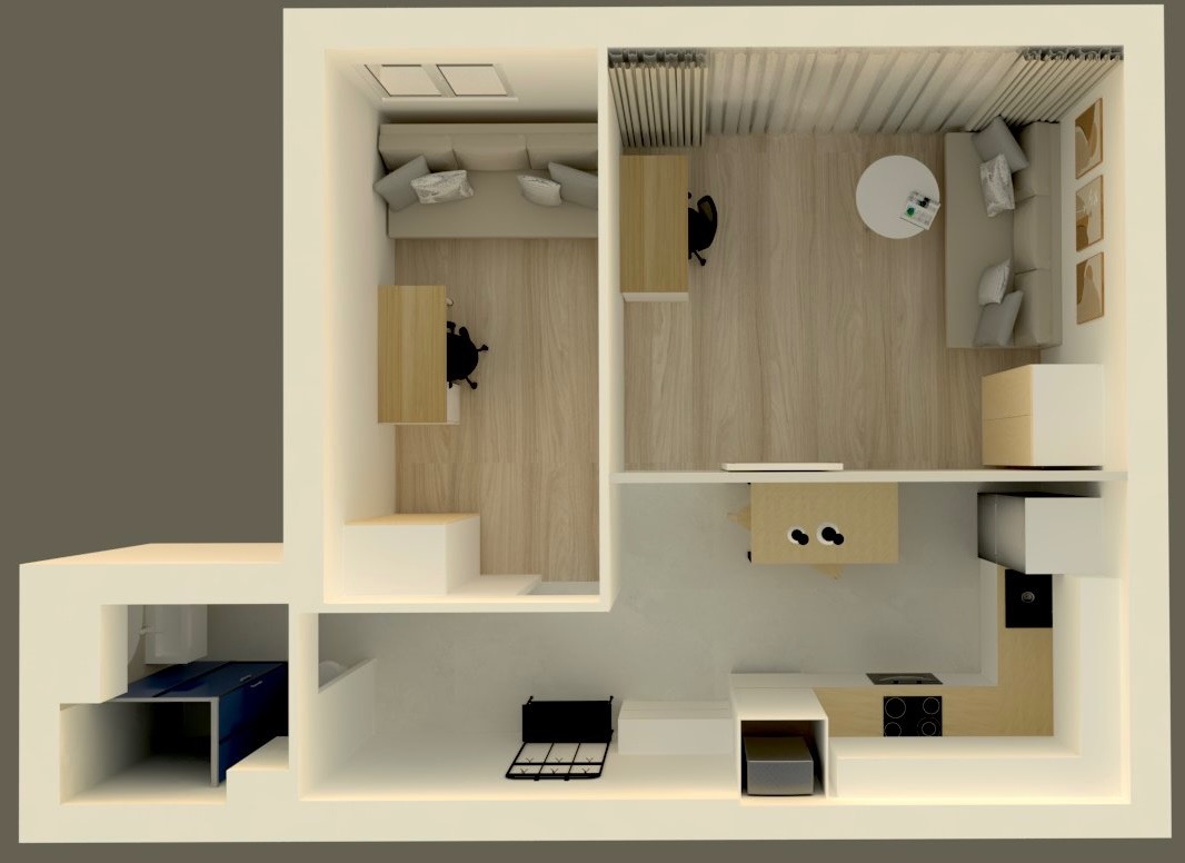 Rzut z góry na aranżację małego mieszkania: salon z sofą i biurkiem, kuchnia z wyposażeniem, łazienka z prysznicem. Jasne drewno, biel i szarości dominują w projekcie.