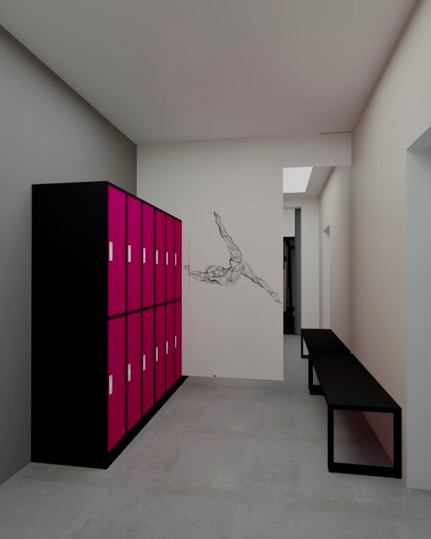 Wnętrze szatni z różowymi szafkami i czarnymi ławkami, ozdobione szkicem gimnastyczki na ścianie. Minimalistyczny design, stonowana kolorystyka, nowoczesne oświetlenie.