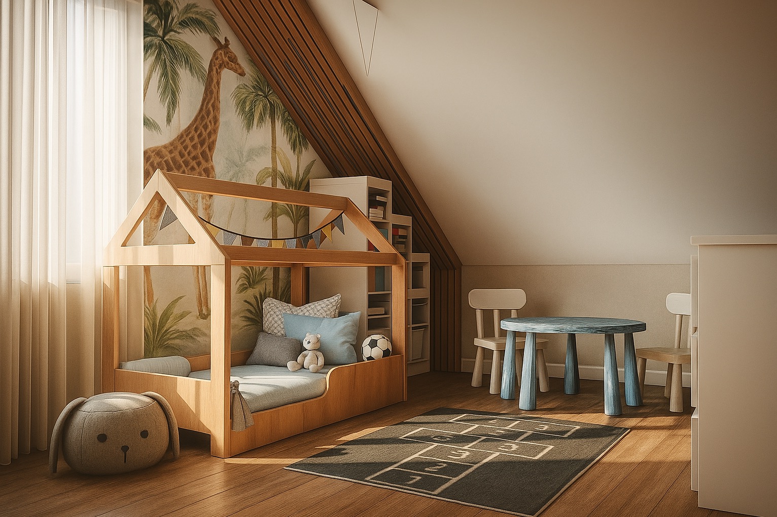 Jasny pokój dziecięcy na poddaszu z drewnianym łóżkiem w kształcie domku, stolikiem i krzesłami. Na ścianie tapeta z motywem żyrafy i palm. Przytulna aranżacja.