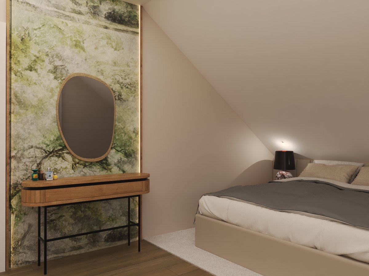 Sypialnia na poddaszu z toaletką na tle ściany z motywem leśnym i asymetrycznym lustrem. Stonowana kolorystyka, ciepłe oświetlenie.
