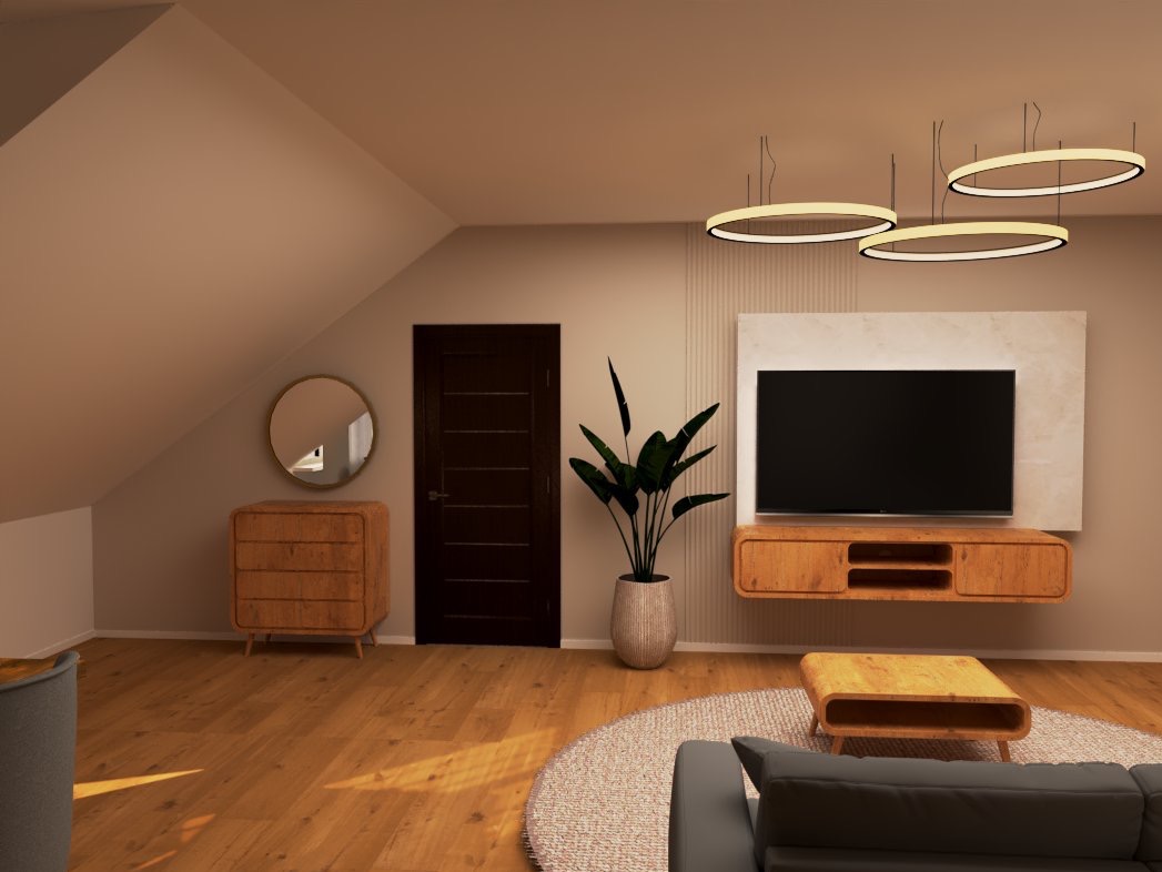 Nowoczesny salon na poddaszu z drewnianą podłogą, okrągłym dywanem i minimalistycznymi lampami. Telewizor wkomponowany w ścianę, obok komoda i lustro.