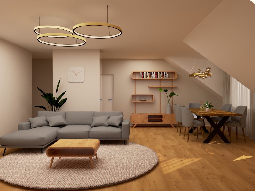 Jasne wnętrze z szarą sofą narożną, okrągłym dywanem i drewnianym stolikiem kawowym. W tle stół jadalny i regał z książkami. Oświetlenie stanowią nowoczesne, okrągłe lampy.