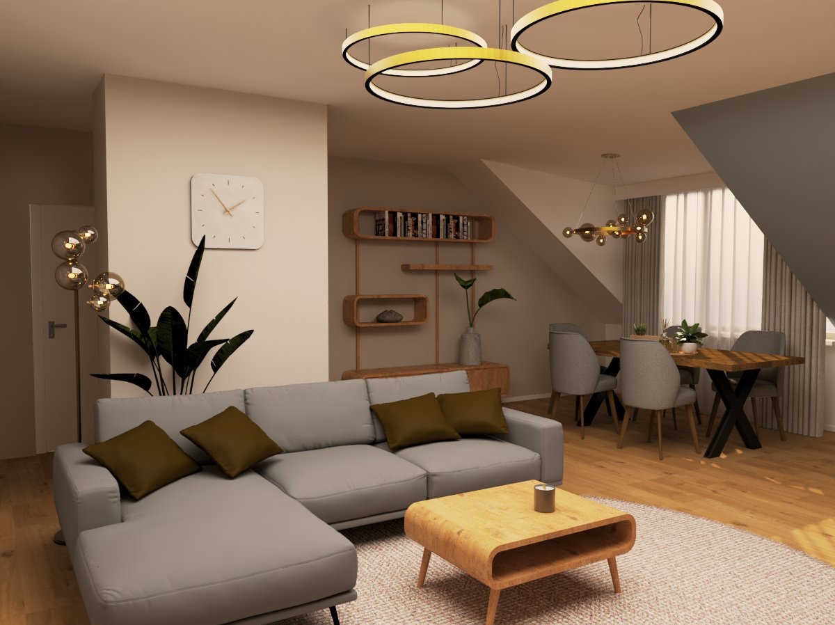 Jasne wnętrze: szara sofa narożna z oliwkowymi poduszkami, drewniany stolik kawowy, okrągły dywan, zegar na ścianie, półki z książkami i jadalnia w tle.