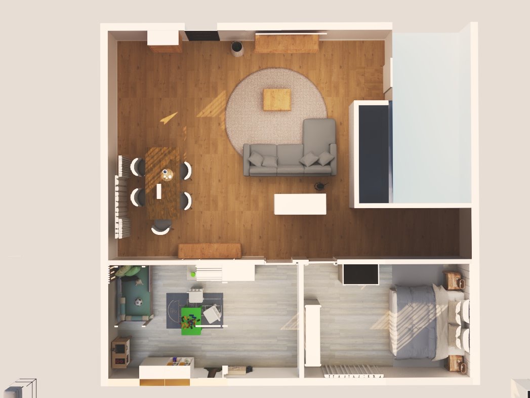 Rzut z góry na plan mieszkania z salonem, kuchnią, sypialnią i pokojem dziecięcym. Widoczne meble, dywan, łóżko i inne elementy wyposażenia. Jasne kolory, minimalistyczny styl.