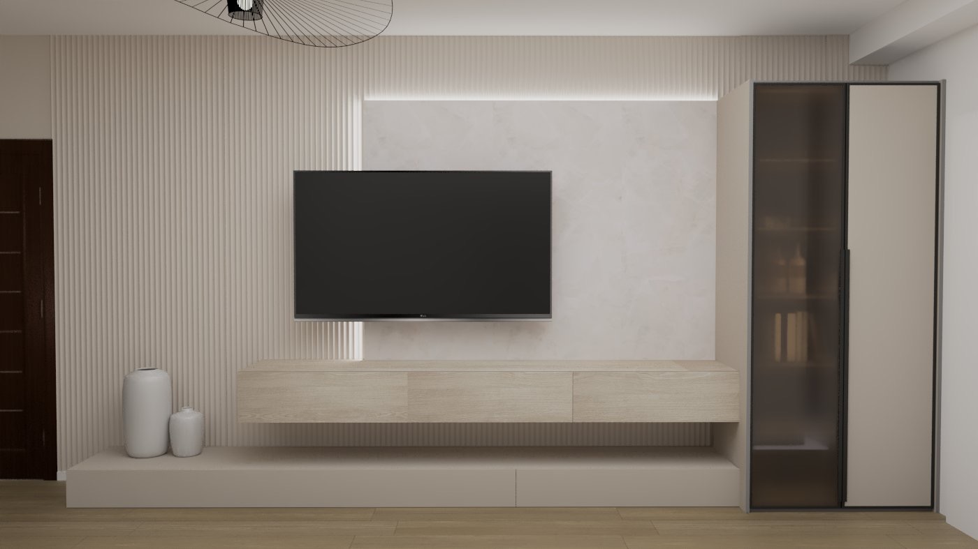 Minimalistyczny salon z telewizorem na ścianie z dekoracyjnymi panelami, szafką RTV i przeszkloną witryną. Stonowana kolorystyka, drewniana podłoga, nowoczesne oświetlenie.