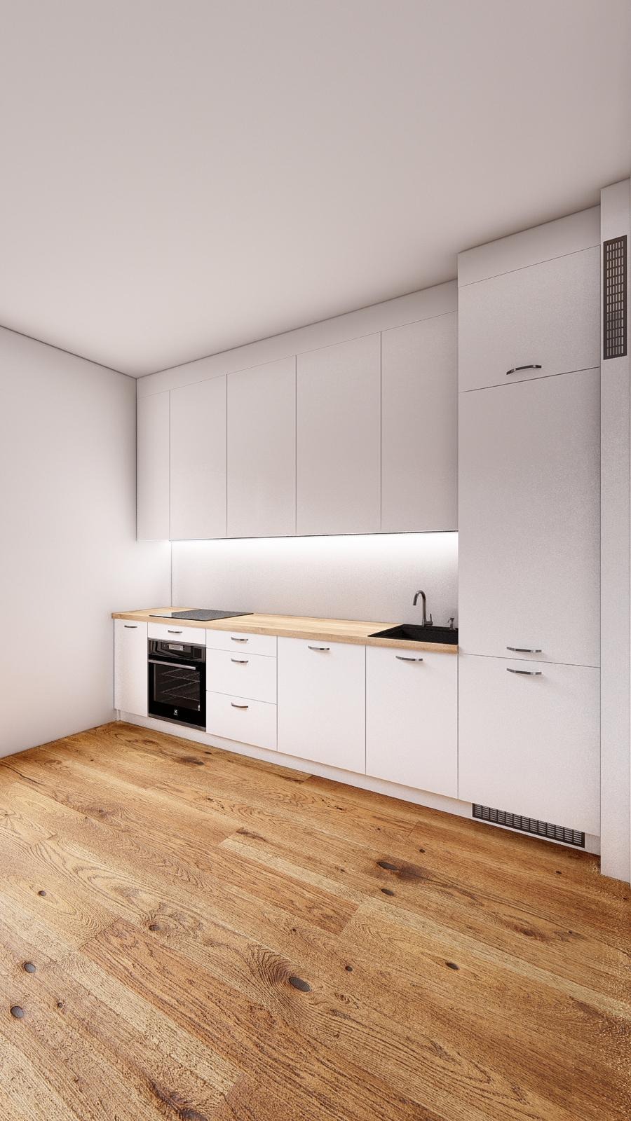 Minimalistyczna, jasna kuchnia z drewnianą podłogą. Białe, gładkie fronty szafek i drewniany blat. Oświetlenie LED pod szafkami górnymi. Nowoczesne wykończenie.