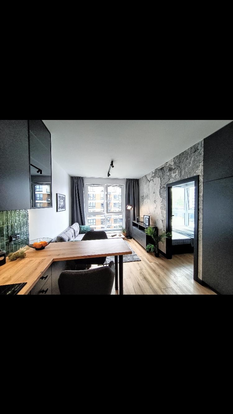 Nowoczesne wnętrze mieszkania z aneksem kuchennym, drewnianym blatem, szarą sofą i ścianą z efektem betonu. Widok na okno i drzwi.