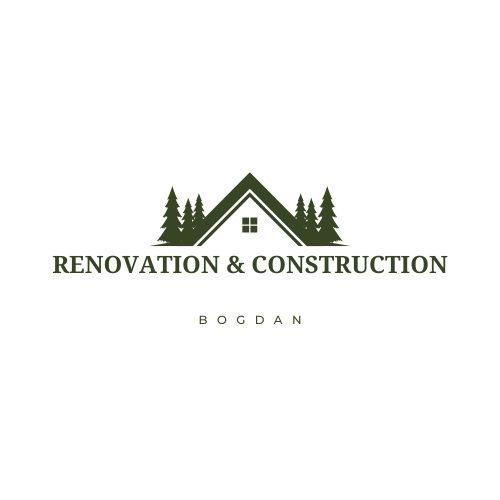 Logo firmy remontowo-budowlanej: zielony symbol domu z drzewami, napis 'RENOVATION & CONSTRUCTION' oraz imię 'BOGDAN'. Minimalistyczny design.