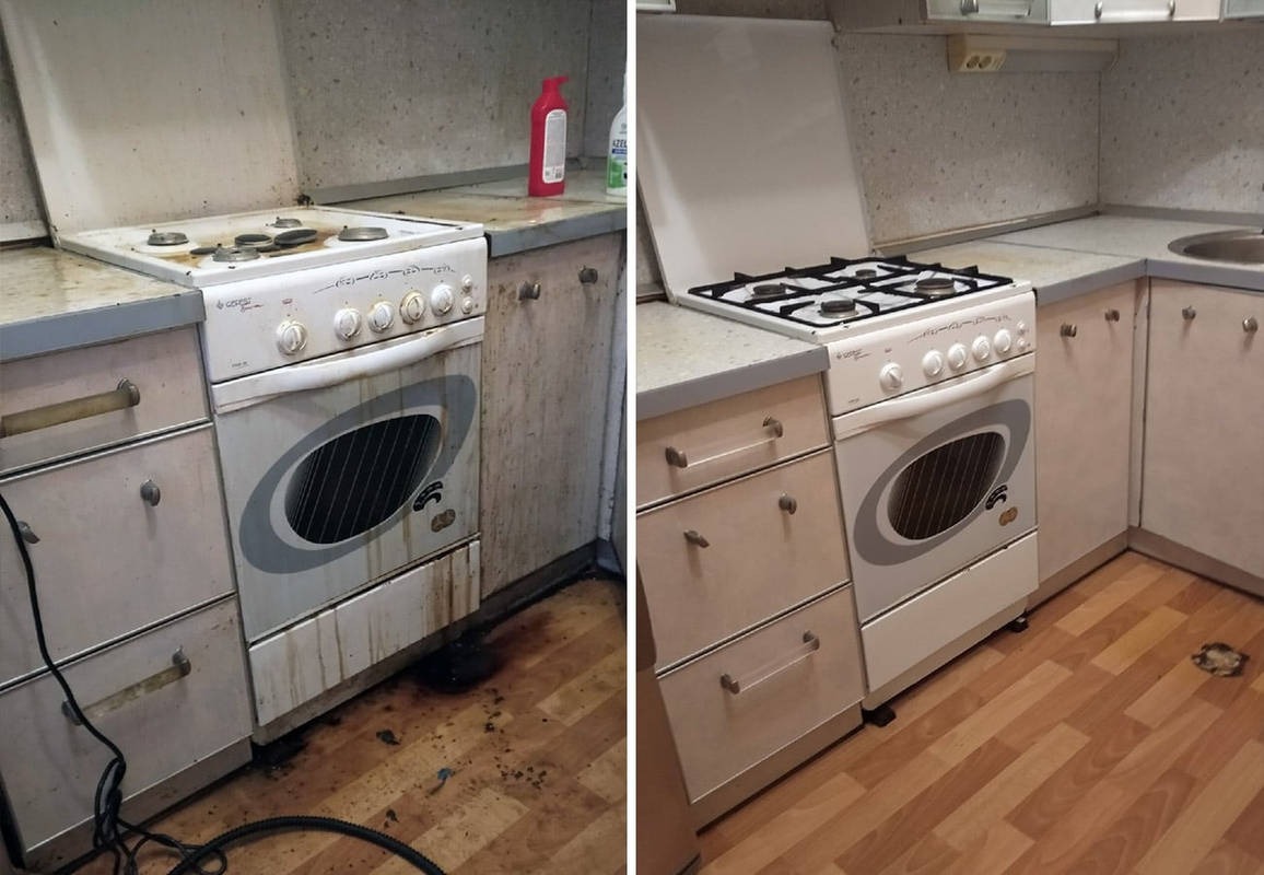 Kuchenka gazowa przed i po czyszczeniu: widoczne zabrudzenia i efekt po usunięciu brudu. Porównanie czystości na drewnianej podłodze i szafkach.
