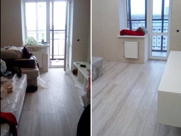 Mieszkanie przed i po sprzątaniu: po lewej zagracony pokój, po prawej czysty, odświeżony z widokiem na okno i balkon. Jasne panele podłogowe.