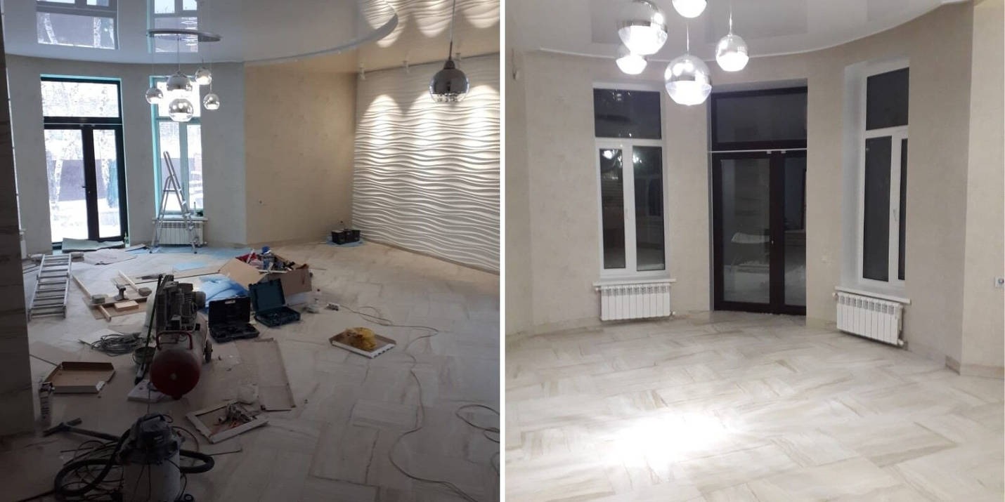 Zdjęcie 'przed i po' przedstawia pokój: po lewej w trakcie remontu, po prawej po remoncie. Widoczne narzędzia, drabiny, kartony i pofalowana ściana dekoracyjna.