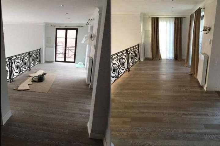 Zdjęcie 'przed i po' prezentujące odnowione wnętrze z drewnianą podłogą, ozdobną balustradą i oknami z zasłonami. Po lewej stronie widoczne narzędzia pracy.