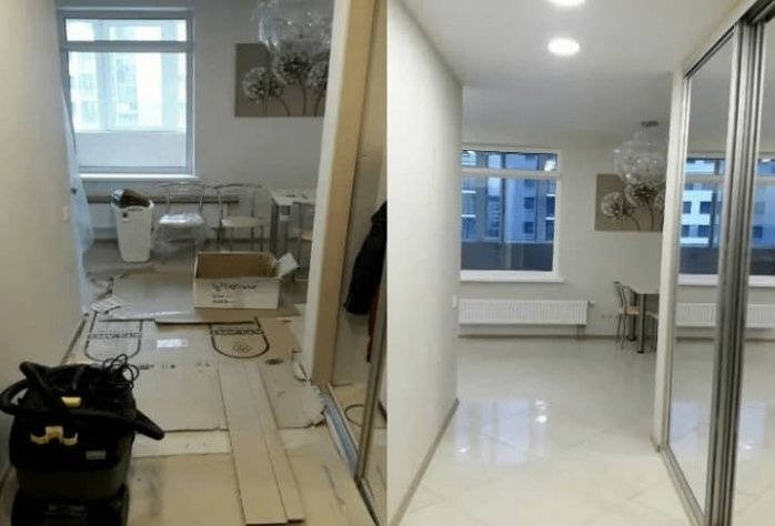 Zdjęcie 'przed i po' przedstawia pokój: po lewej stronie bałagan w trakcie remontu, po prawej posprzątany pokój z połyskującą podłogą i lustrzanymi drzwiami szafy.