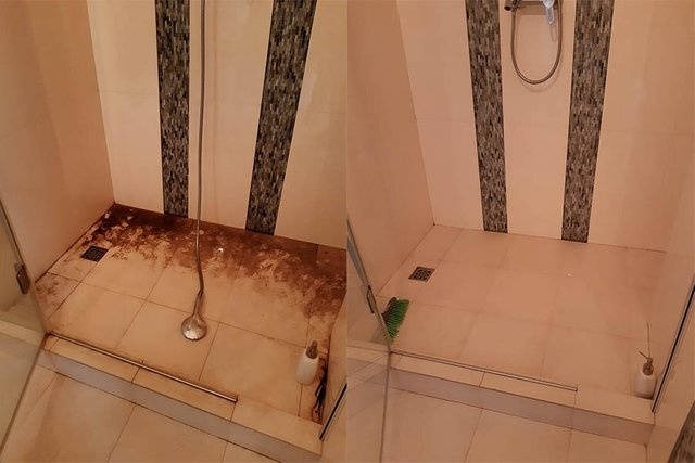 Kabina prysznicowa przed i po czyszczeniu: widoczne osady i brud na kafelkach przed, a po - czysta i odświeżona powierzchnia. Efekt sprzątania po zaniedbaniach.