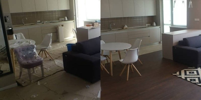 Zdjęcie typu 'przed i po' przedstawia wnętrze mieszkania: po lewej stronie bałagan po remoncie, po prawej posprzątane, nowoczesne wnętrze z kuchnią i salonem.