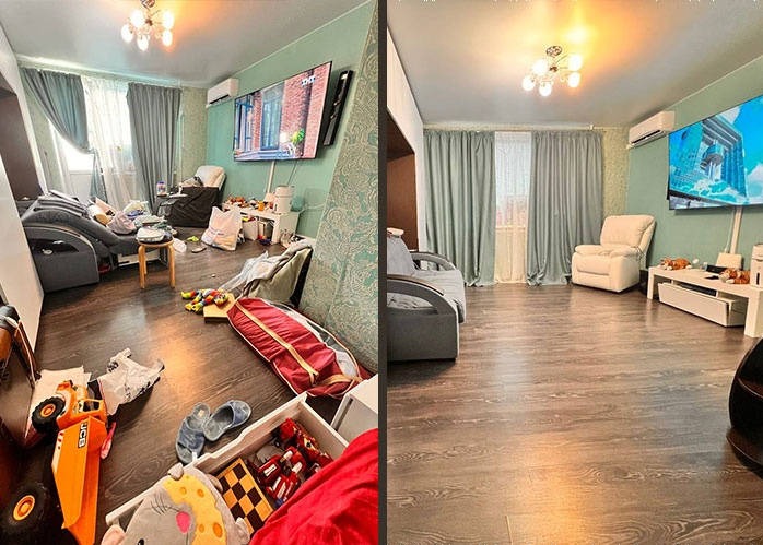 Zdjęcie 'przed i po' sprzątania pokoju dziennego: po lewej nieporządek z zabawkami, po prawej czysta podłoga i uporządkowane meble. Widoczne okno z zasłonami.