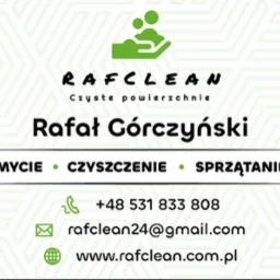 Grafika z logo firmy RAFCLEAN oferującej mycie, czyszczenie i sprzątanie. Zawiera nazwę firmy, imię i nazwisko, dane kontaktowe i adres strony internetowej.