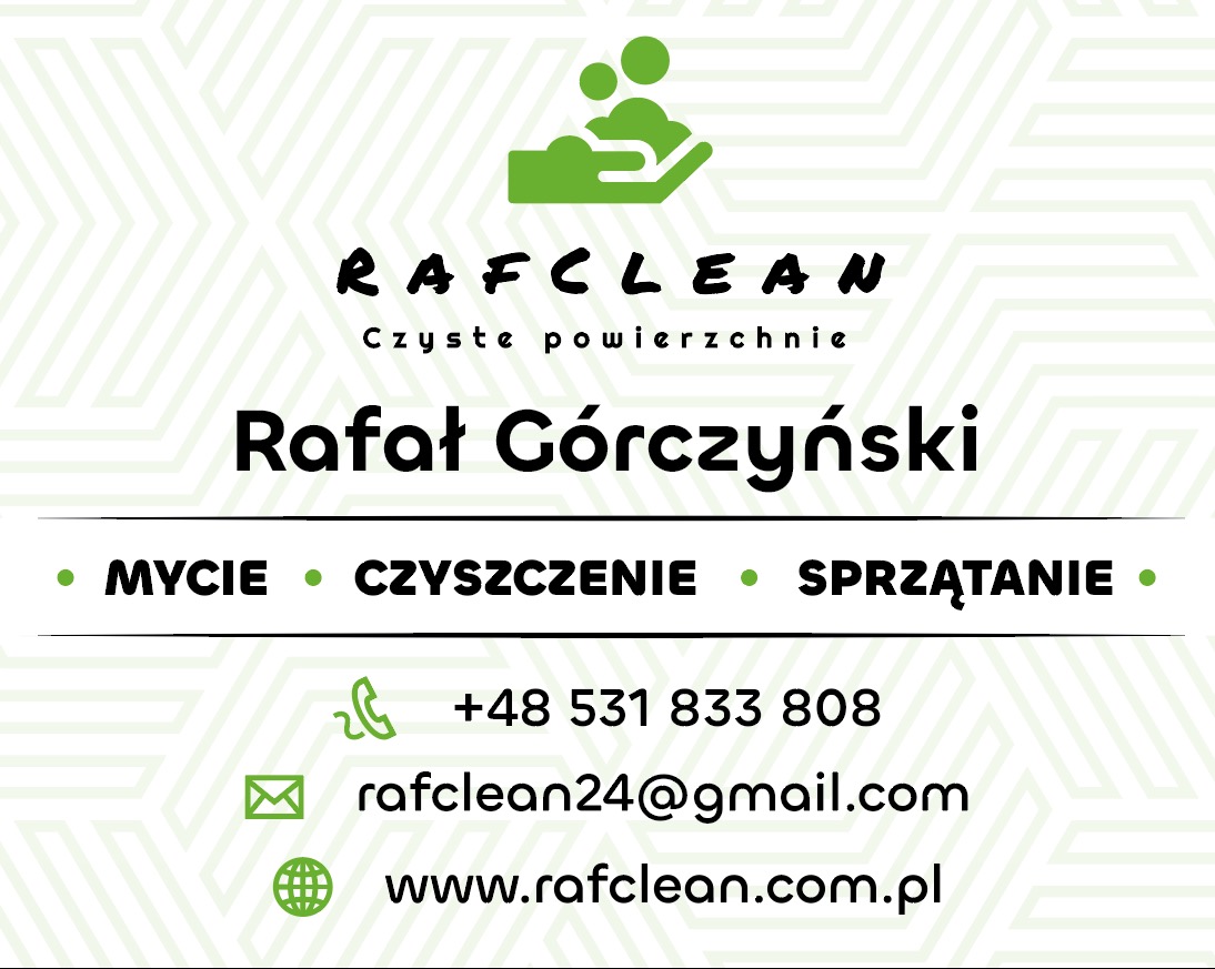 Grafika z logo firmy RAFCLEAN oferującej mycie, czyszczenie i sprzątanie. Zawiera nazwę firmy, imię i nazwisko, dane kontaktowe i adres strony internetowej.