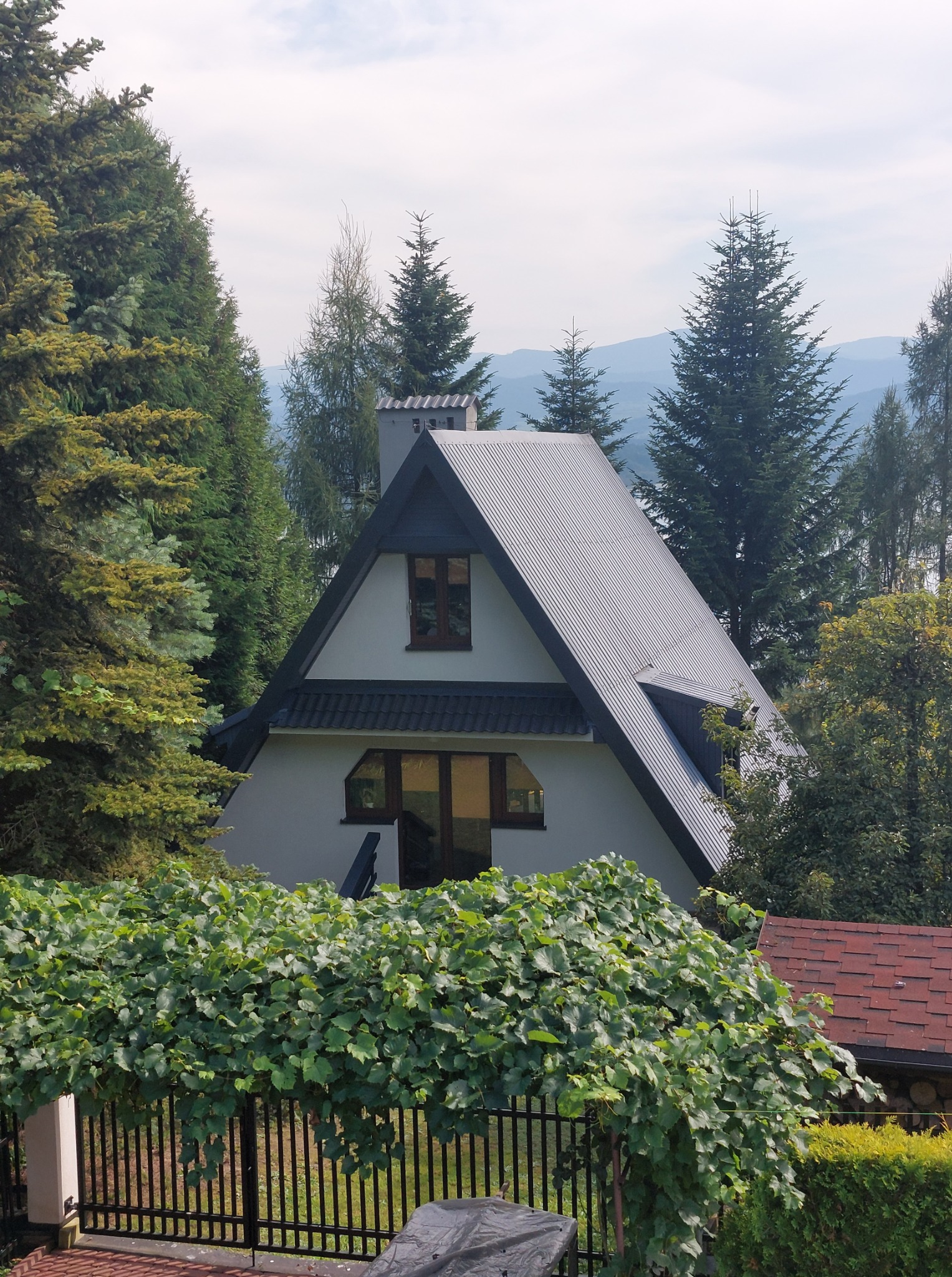 Dom w górskim krajobrazie z szarym, metalowym dachem i białymi ścianami, otoczony zielenią drzew. Ujęcie zza metalowego ogrodzenia i zielonego krzewu.