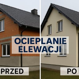 Serhii Mamaus - Dom jednorodzinny przed i po ociepleniu elewacji: surowa cegła kontra gładki, beżowy tynk. Widoczne okna z białymi ramami, czarny dach i rynny.