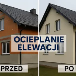 Dom jednorodzinny przed i po ociepleniu elewacji: surowa cegła kontra gładki, beżowy tynk. Widoczne okna z białymi ramami, czarny dach i rynny.