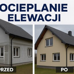 Serhii Mamaus - Dom przed i po ociepleniu elewacji. Lewa strona: ściany z szarym styropianem. Prawa strona: budynek z beżową elewacją i szarym dachem. Widok z boku.