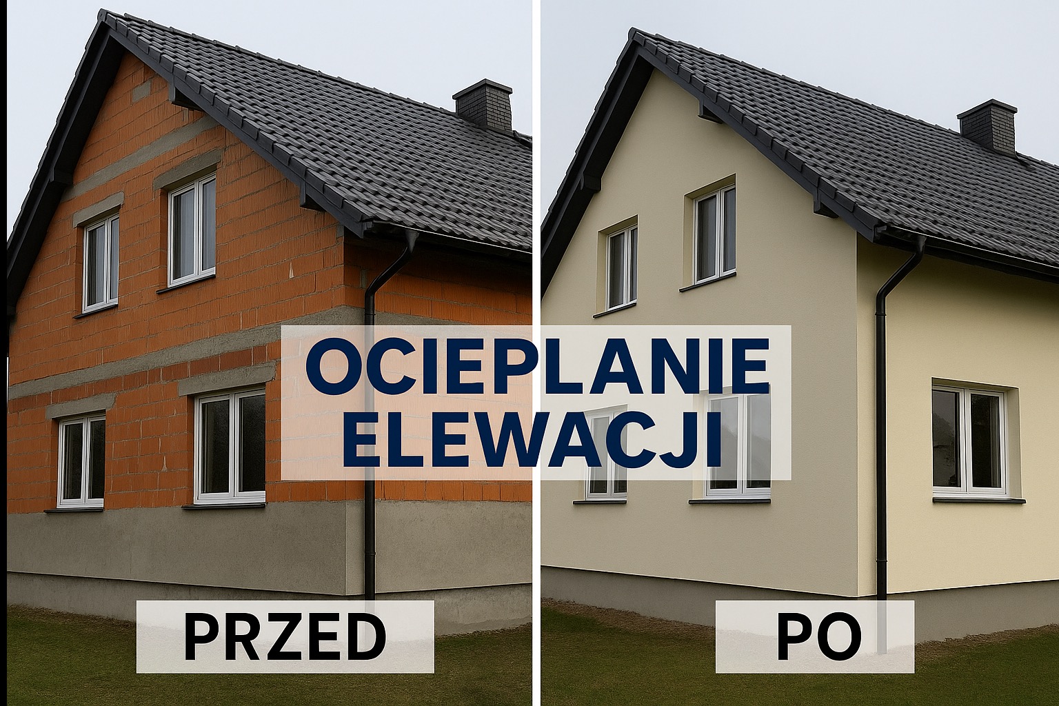 Dom jednorodzinny przed i po ociepleniu elewacji: surowa cegła kontra gładki, beżowy tynk. Widoczne okna z białymi ramami, czarny dach i rynny.