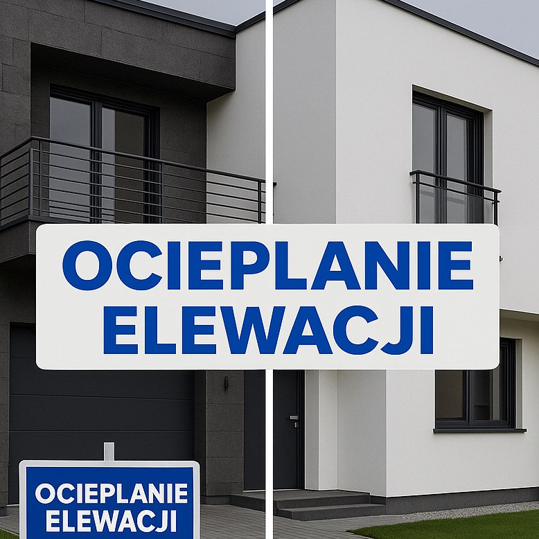 Dwa domy z elewacją: szarą kamienną i białą, z tablicami informacyjnymi 'Ocieplanie elewacji' w kolorze niebieskim. Kontrastowe wykończenia.