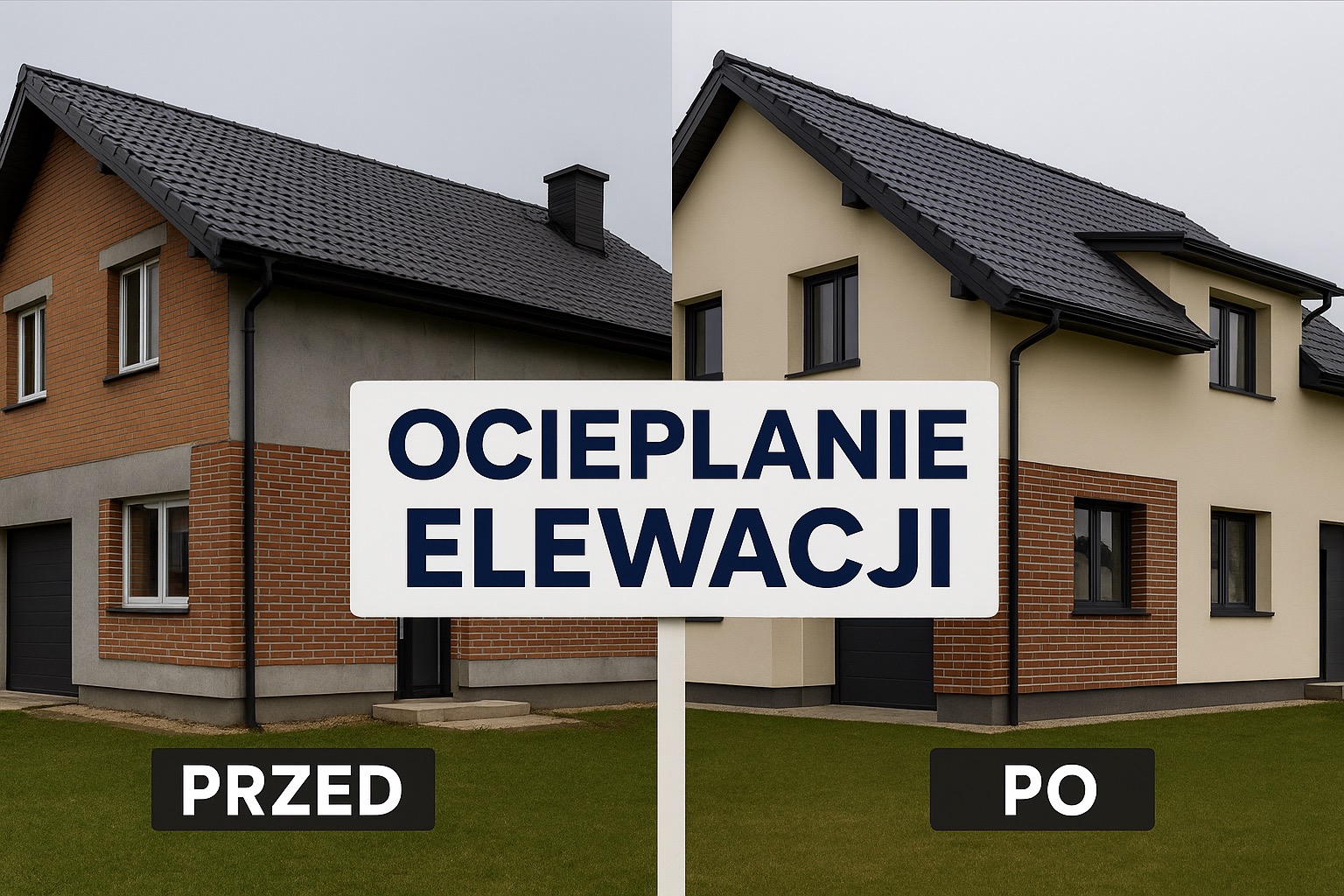 Dom przed i po ociepleniu elewacji, z widoczną różnicą w kolorystyce i strukturze ścian. Tablica informacyjna z napisem 'Ocieplanie Elewacji'.