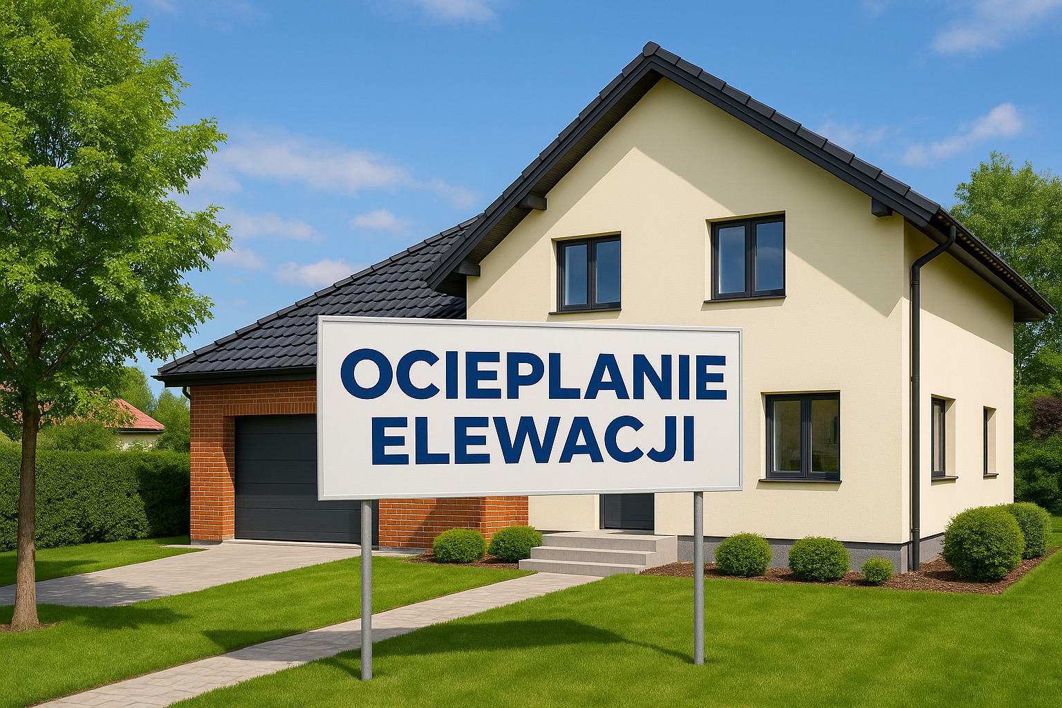Dom jednorodzinny z beżową elewacją i ciemną dachówką, na trawniku tablica z napisem 'Ocieplanie elewacji' w kolorze niebieskim, słoneczny dzień.