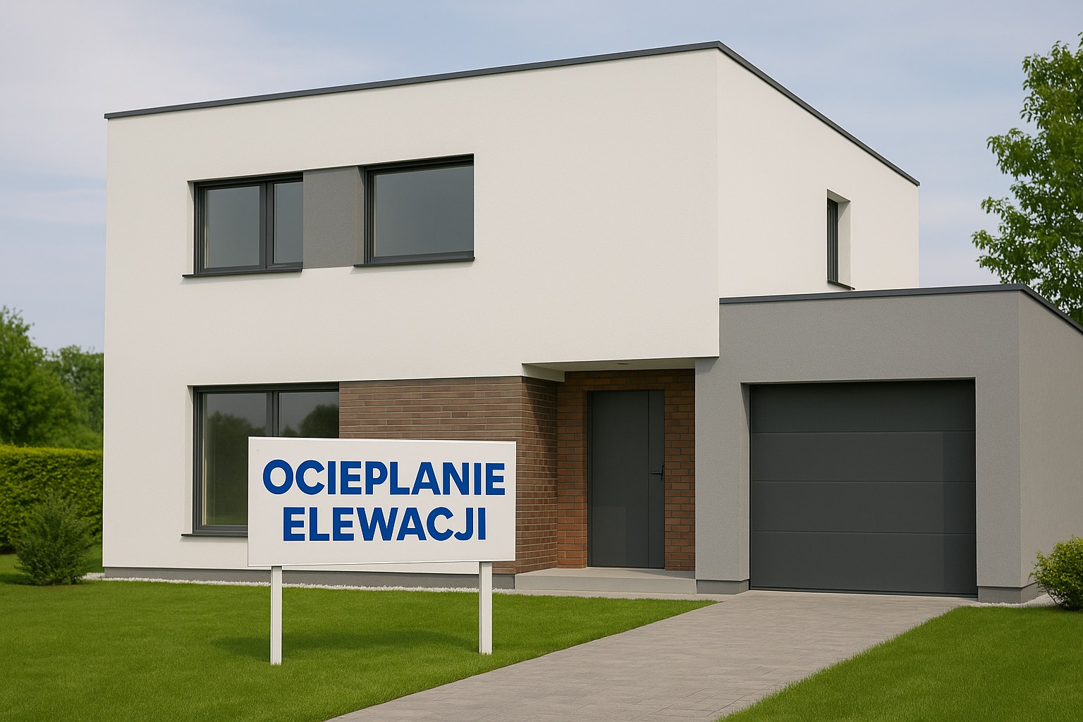 Nowoczesny dom z białą elewacją i szarymi akcentami. Na trawniku tablica z napisem 'Ocieplanie elewacji'. Minimalistyczny design, kostka brukowa na podjeździe.