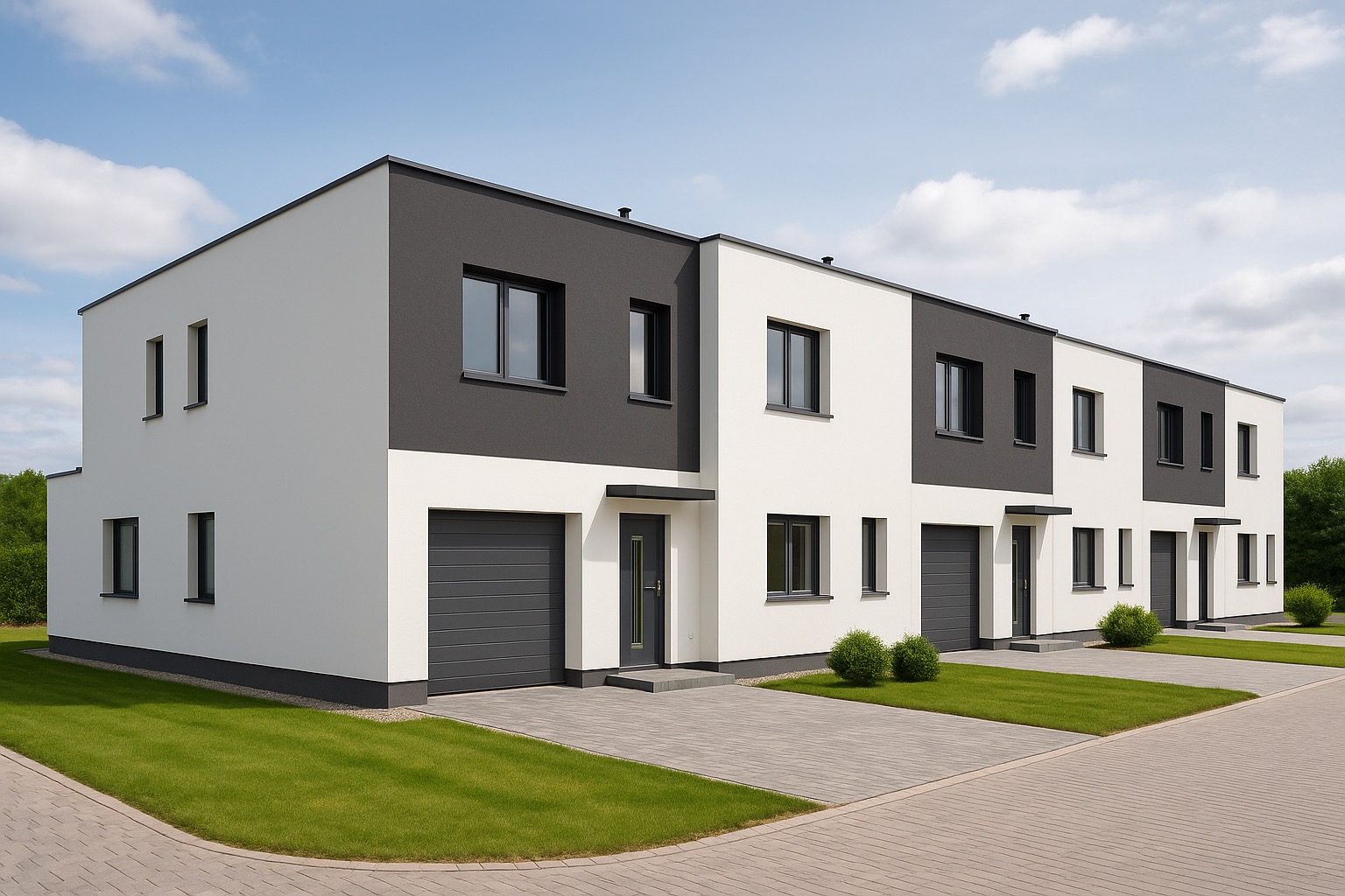Bliźniak z szarą elewacją i garażem, jasna kostka brukowa, symetryczne krzewy, nowoczesny design, błękitne niebo, widok z zewnątrz, dzień.