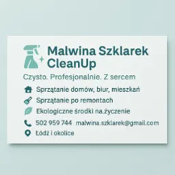 Wizytówka firmy sprzątającej: logo z rozpylaczem, imię i nazwisko, hasło 'Czysto. Profesjonalnie. Z sercem', zakres usług i dane kontaktowe.
