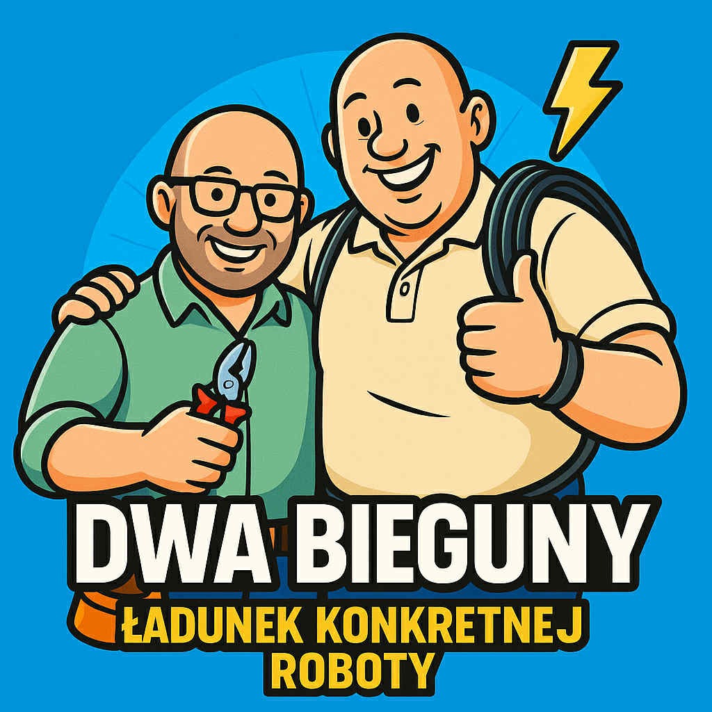 Ilustracja dwóch uśmiechniętych elektryków z narzędziami, z napisem 'Dwa bieguny. Ładunek konkretnej roboty' i symbolem błyskawicy na niebieskim tle.