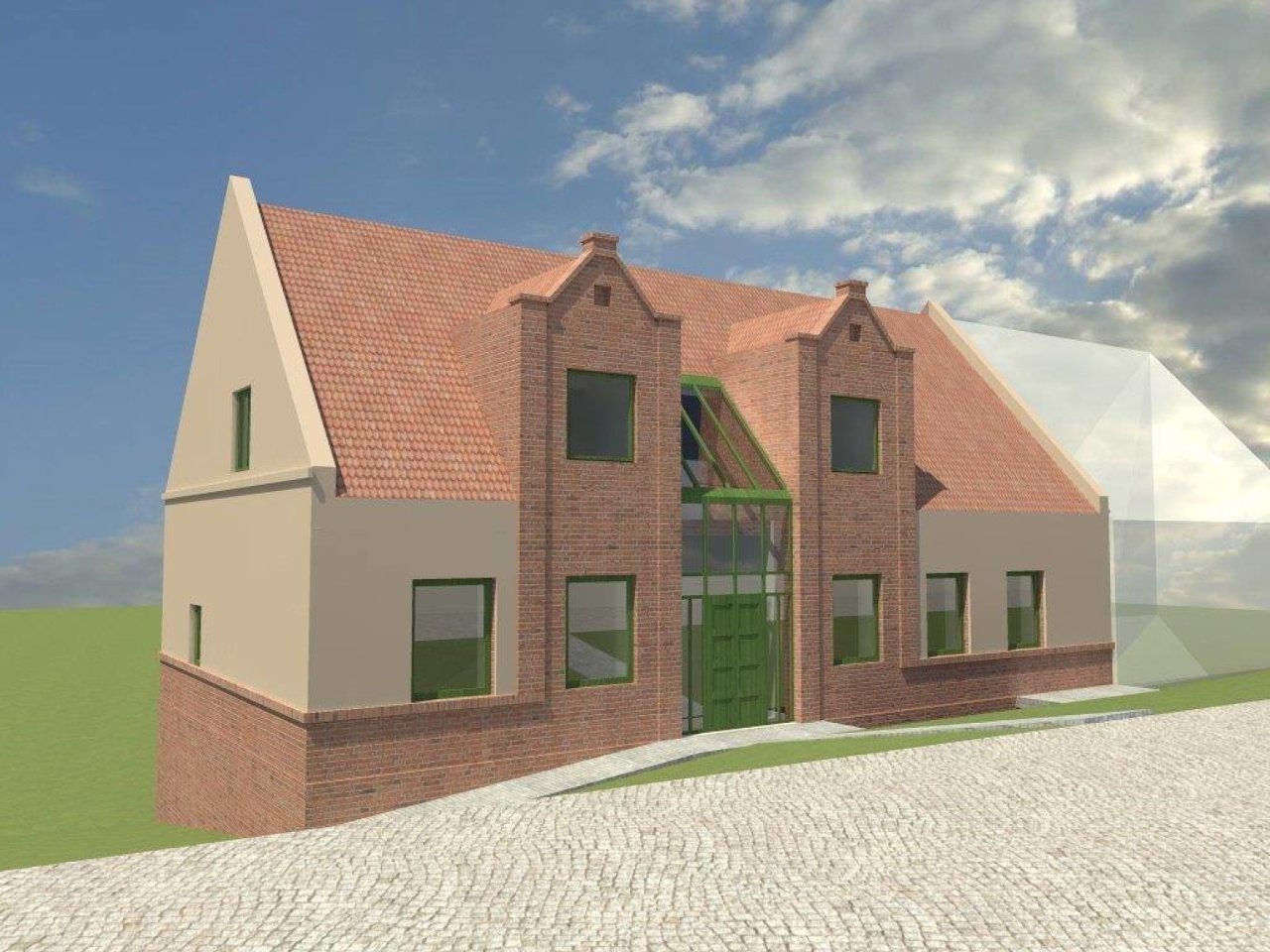 Wizualizacja budynku z cegły z czerwonym dachem i zielonymi oknami, ukazująca projekt architektoniczny z brukowanym podjazdem i zachmurzonym niebem w tle.