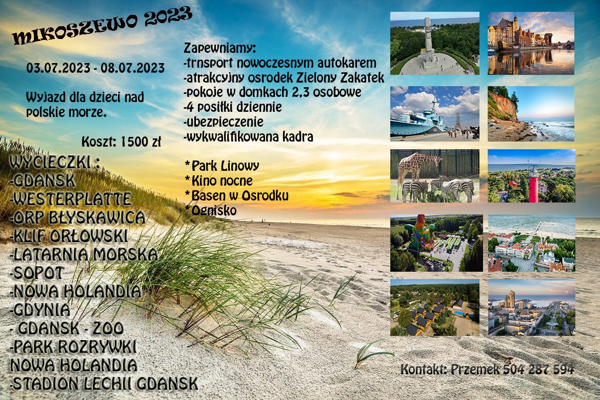 Plakat oferty wycieczki dla dzieci 'Mikoszewo 2023' z atrakcjami: Gdańsk, Westerplatte, ORP Błyskawica, Klif Orłowski, Latarnia Morska, Sopot, Gdynia, Zoo i Park Rozrywki.