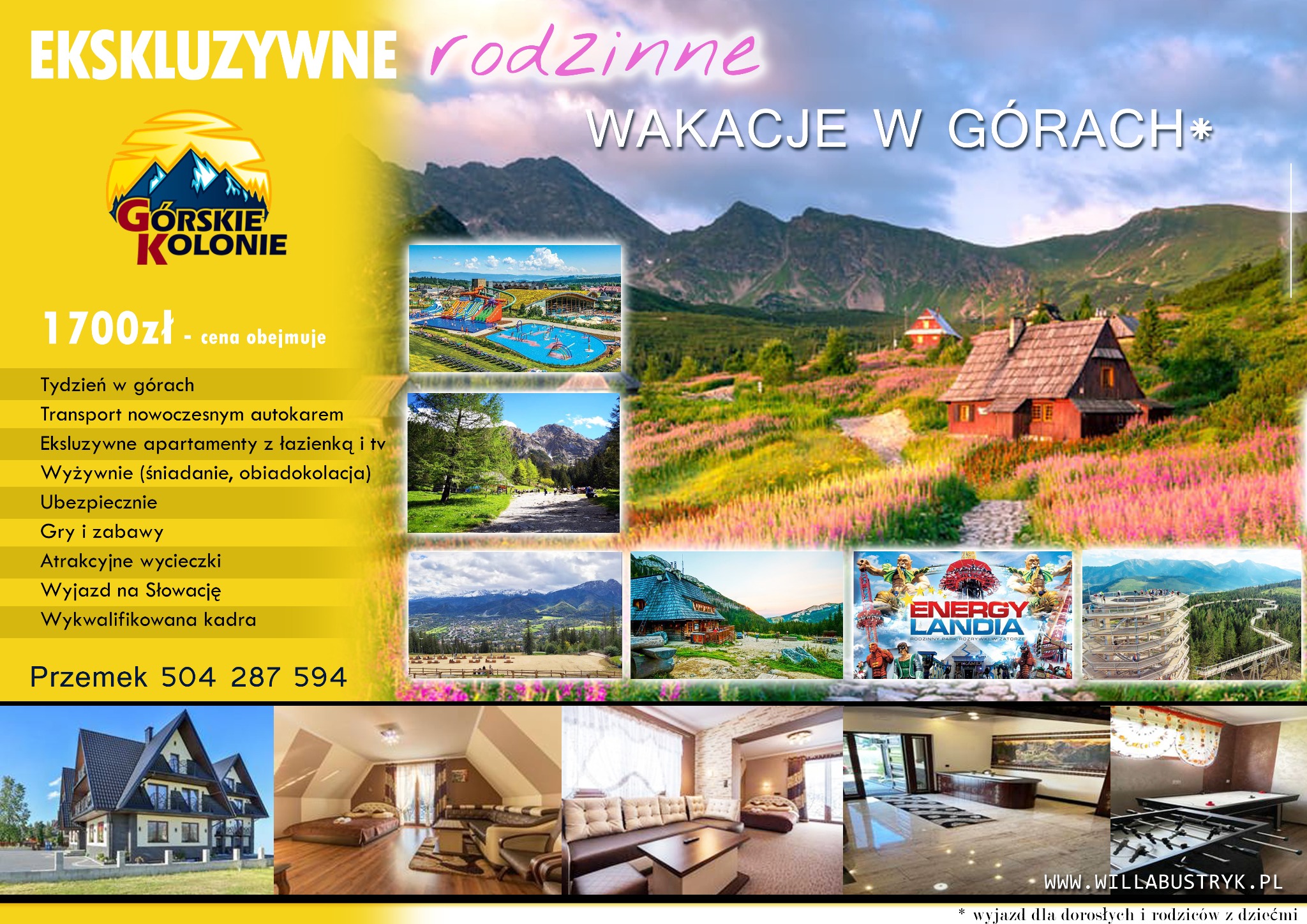 Rodzinne wakacje w górach: oferta z atrakcjami, apartamentami i wyżywieniem. Na kolażu góry, aquapark, Energylandia i komfortowe wnętrza. Kontakt: Przemek 504 287 594.