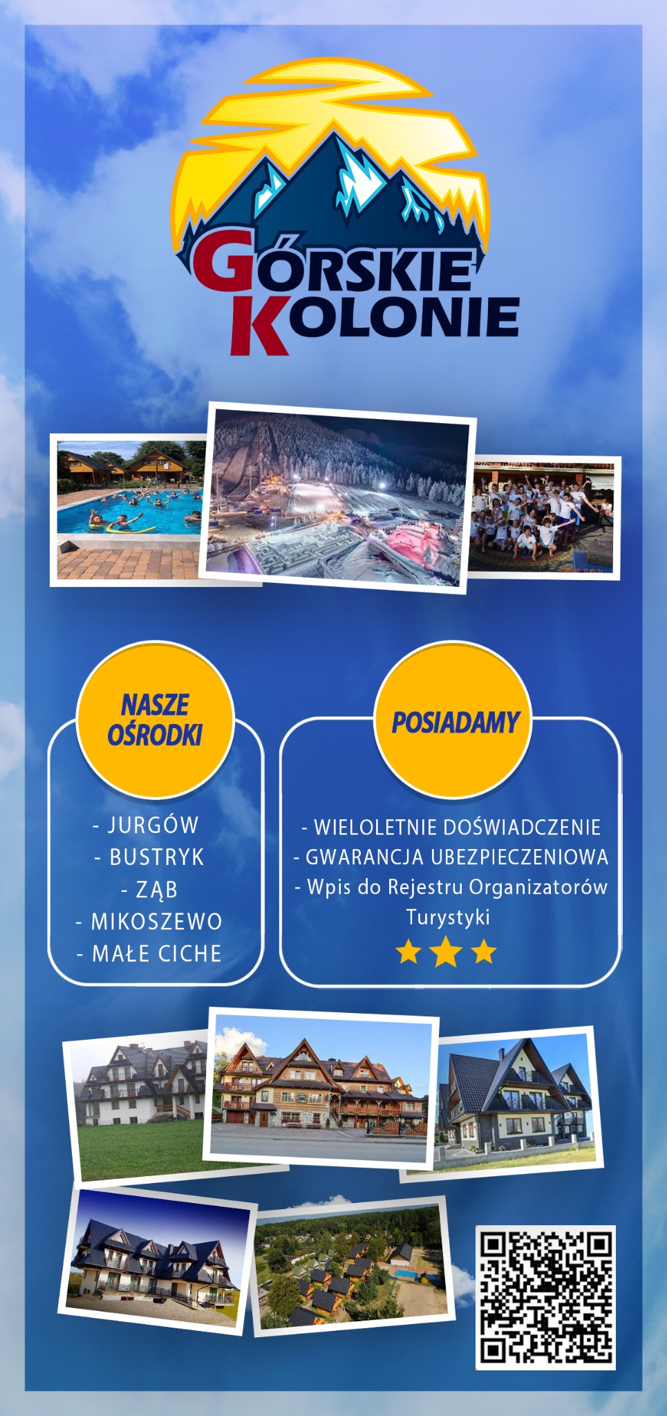 Plakat 'Górskie Kolonie' z zdjęciami ośrodków, basenu, stoku narciarskiego i grupy dzieci, z listą miejscowości i informacjami o doświadczeniu i ubezpieczeniu.