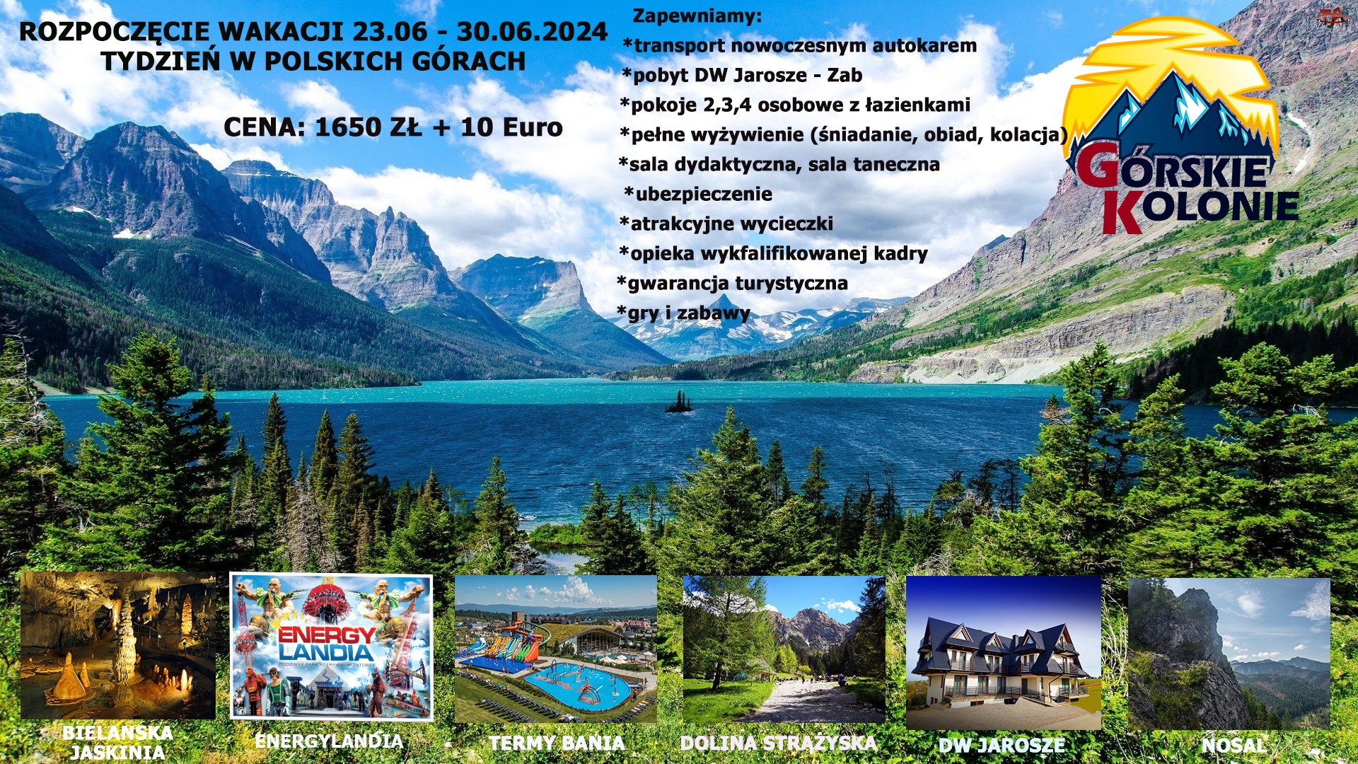 Górskie Kolonie: oferta wakacyjna z widokiem na jezioro i góry. Atrakcje: Energylandia, Termy Bania, Dolina Strążyska, DW Jarosze i Nosal. Rozpoczęcie wakacji 23.06-30.06.2024.